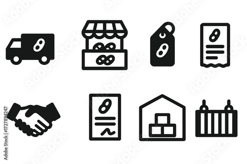 Soybean Trade Icons. Solid, filled icon set of soybean market and trade: delivery truck, market stall, price tag, invoice, handshake, contract, warehouse,