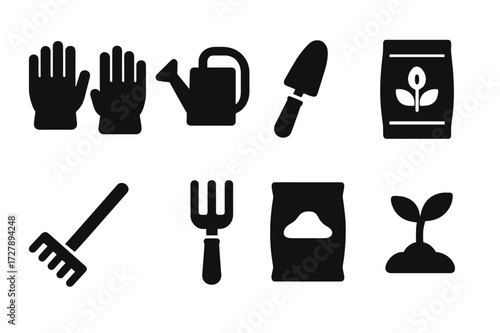 Gardening Tools Icons. Solid, filled icon set of gardening tools: gloves, watering can, trowel, seed packet, rake, garden fork, soil bag, sprouting lentil