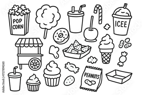 Circus Snacks Doodle. Hand-drawn doodle illustration circus snacks popcorn, cotton candy, caramel apple, soda cup, candy cane, ice cream cone, donut, snack