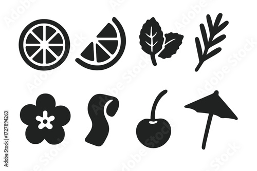 Spritz Garnish Icons. Solid, filled icon set of spritz garnishes: orange wheel, lemon slice, mint sprig, rosemary twig, edible flower, cucumber ribbon, cherry,