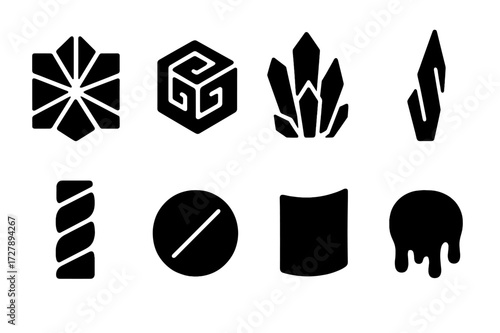 Black Ice Icon Set. Solid, filled icon set of abstract ice art: geometric pattern, spiral cube, crystalline cluster, frozen shard, twisted column, mirrored