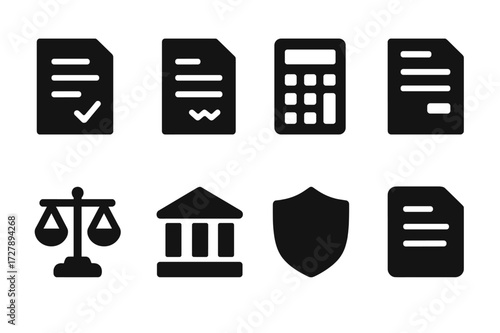 Startup Legal Icons. Solid, filled icon set of start-up legal and finance: contract, invoice, calculator, tax form, legal scales, bank, shield, document. Line