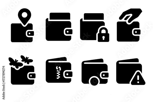 Wallet Trouble Icons. Solid, filled icon set of wallet problems: lost wallet, empty card slot, wallet lock, stolen wallet, wallet with moths, broken zipper,