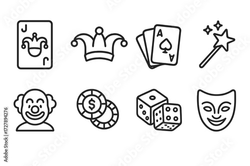 Joker Icon Set. Outline icon set of joker theme: joker card, jester hat, playing cards, magic wand, clown face, poker chips, dice, joker mask. Line icons in