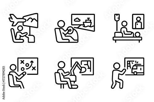 Training Simulator Icons. Outline icon set of training simulator types: flight simulator, driving simulator, naval simulator, medical simulator, military