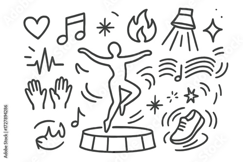 Dance Passion Doodles. Hand-drawn doodle illustration passion for dance dancer, music note, flame, spotlight, spinning shoe, rhythm lines, star, heart,