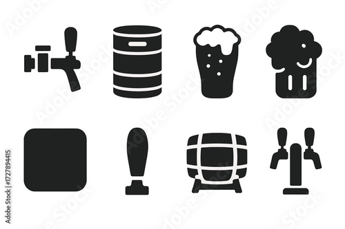 Draft Beer Icons. Solid, filled icon set of draft beer elements: beer tap, keg, pint glass, beer foam, coaster, tap handle, beer barrel, draft system. Solid,