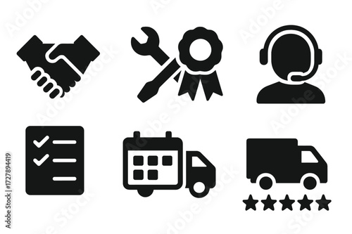 Service Icon Set. Solid, filled icon set of service offers: hand shake, tools, badge, customer support, checklist, calendar, delivery truck, star rating.