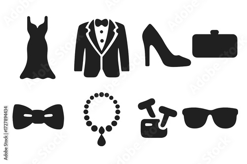 Red Carpet Icons. Solid, filled icon set of red carpet fashion: evening gown, tuxedo, high heels, clutch bag, bow tie, necklace, cufflinks, sunglasses. Solid,