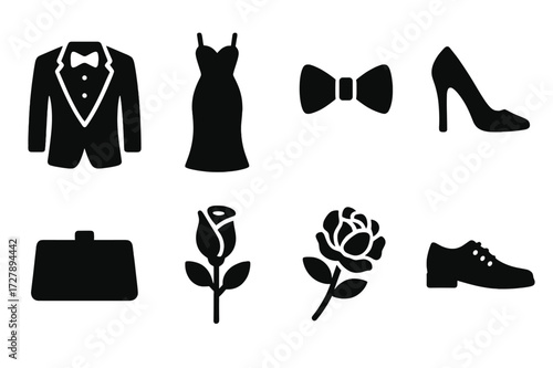 Banquet Attire Icons. Solid, filled icon set of banquet attire: tuxedo, evening gown, bow tie, high heels, clutch bag, boutonniere, corsage, dress shoes. Line