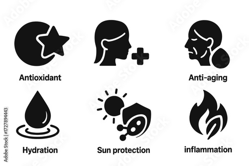 Vitamin E Icon Set. Solid, filled icon set of vitamin E benefits: antioxidant, skin repair, immune boost, anti-aging, hydration, sun protection, cell