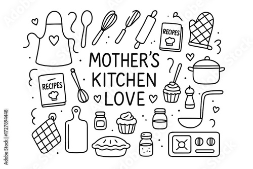 Mother's Kitchen Icons. Hand-drawn doodle illustration [Mother?s kitchen love] [apron, spoon, whisk, rolling pin, oven mitt, recipe book, stove, pot, cupcake,