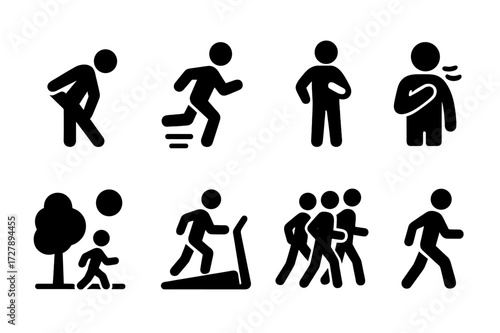 Jogging Activity Icons. Solid, filled icon set of jogging activities: warm-up stretches, jogging pace, cooldown, breath control, jogging in park, treadmill