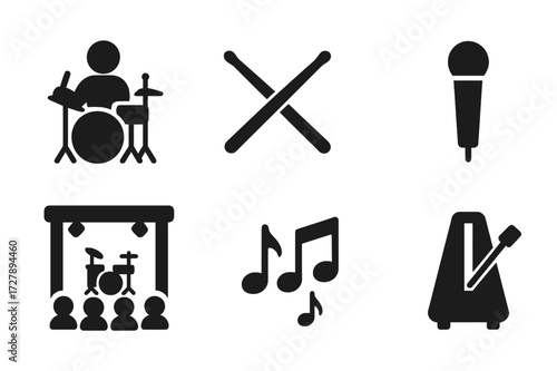 Drum Performance Icons. Solid, filled icon set of drum performance: drummer silhouette, drumsticks crossed, drum set on stage, microphone, spotlight, audience,