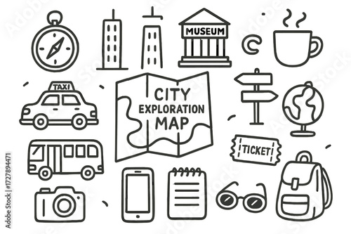 City Exploration Doodle. Hand-drawn doodle illustration City exploration map, compass, skyscraper, taxi, bus, museum, cafe cup, street sign, camera,