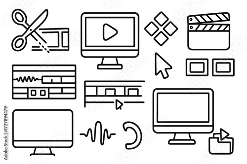 Film Editing Doodles. Hand-drawn doodle illustration Film Editing scissors, film strip, cutting line, computer screen, play button, audio track, timeline,