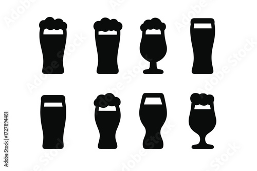 Beer Icons Collection. Solid, filled icon set of beer types: lager, ale, stout, pilsner, porter, wheat beer, IPA, craft beer glass. Solid, filled icons in only