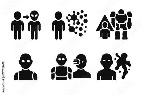 Sci-Fi Transformation Icons. Solid, filled icon set of sci-fi transformations: alien morph, nanobot transformation, synthetic shift, hologram disguise, mech