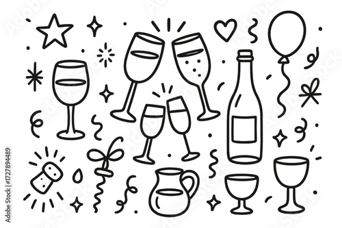 Celebration Doodle Icons. Hand-drawn doodle illustration Celebration toast wine glass, champagne flute, bottle, star, heart, sparkles, balloon, confetti, bow,