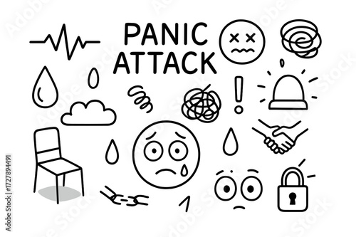 Panic Attack Icons. Hand-drawn doodle illustration Panic attack [heartbeat line, dizzy face, sweat drop, spiral, tangled line, exclamation mark, shaking hands,