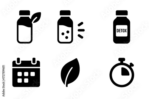 Detox Juice Icons. Solid, filled icon set of detox juice sets: green cleanse, red flush, yellow energy, detox bottle label, day-by-day set, fresh leaf icon,