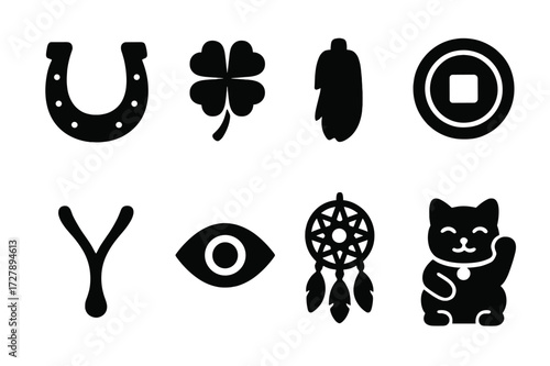 Good Luck Icons. Solid, filled icon set of good luck charms: horseshoe, four-leaf clover, rabbit?s foot, lucky coin, wishbone, evil eye, dreamcatcher, lucky