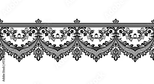 Elegant black lace border design with floral motifs and intricate patterns, perfect for invitations and decor.