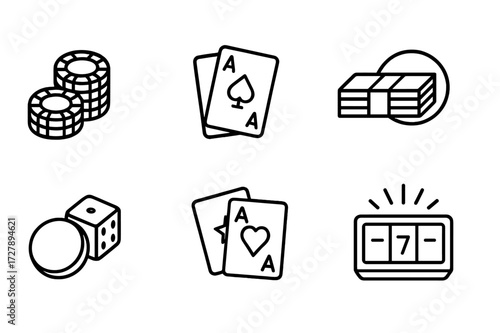 Poker Icon Set. Outline icon set of poker stakes: poker chips, playing cards, cash stack, bet amount, dealer button, dice, winning hand, jackpot. Line icons in