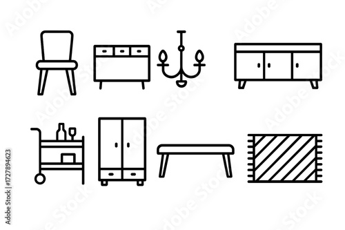 Dining Room Icon Set. Outline icon set of dining room furniture: dining chair, buffet table, chandelier, sideboard, bar cart, cabinet, dining bench, rug. Line