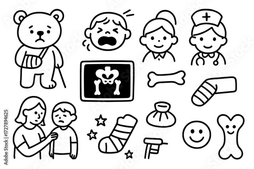 Child's Injury Doodle. Hand-drawn doodle illustration Children's Bone Injury teddy bear with cast, small crutch, kid crying, child doctor icon, cartoon x-ray,