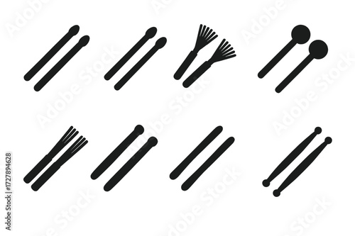 Drumsticks Icon Set. Solid, filled icon set of drumsticks types: wooden drumsticks, nylon tip sticks, brush sticks, mallets, rods, marching sticks, jazz