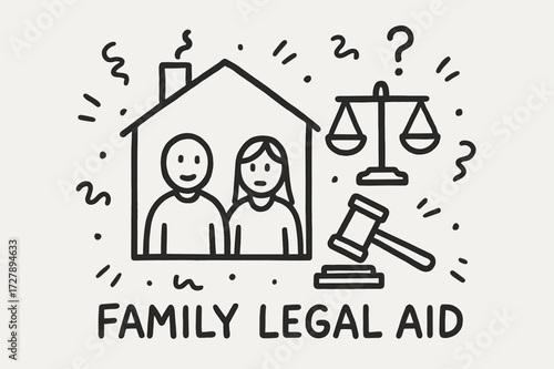 Family Legal Aid. Hand-drawn doodle illustration Family legal aid [house, parent-