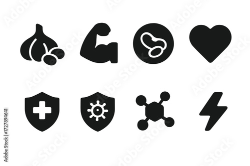 Nutrition Icon Set. Solid, filled icon set of garlic and beans nutrition: protein icon, fiber icon, vitamin icon, mineral icon, heart health icon, immune