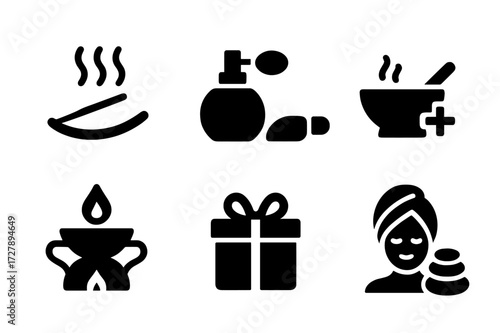 Aroma Culture Icons. Solid, filled icon set of aroma cultural uses: incense burning, perfume making, aromatherapy session, traditional medicine, ritual,
