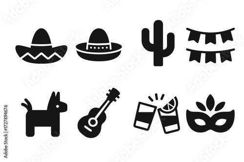 Tequila Culture Icons. Solid, filled icon set of tequila cultural elements: sombrero, mariachi hat, cactus, fiesta flag, pinata, guitar, tequila toast, fiesta