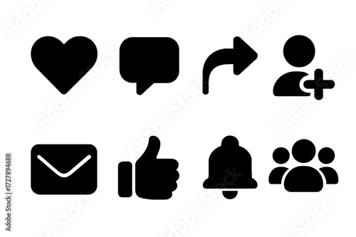 Social Media Icon Set. Solid, filled icon set of social media engagement: heart, comment, share, follow, notification, message, thumbs up, user group. [Line