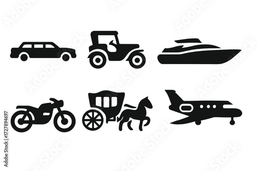 Elegant Vehicle Icons. Solid, filled icon set of elegant vehicles: limousine, vintage car, sports car, yacht, classic motorcycle, horse-drawn carriage, private