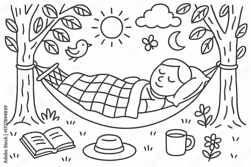 Naklejka premium Hammock Under Trees. Hand-drawn doodle illustration A peaceful nap in a hammock under the shade of trees [hammock, tree, leaves, pillow, blanket, sun, cloud,