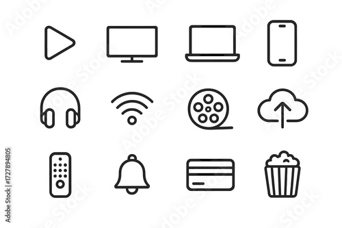 Digital Streaming Icons. Digital streaming. Line icon set of digital streaming: play button, TV screen, laptop, smartphone, headphones, Wi-Fi signal, film