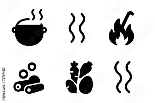 Cooking Icons Set. Solid, filled icon set of cooking cauldron elements: cast iron pot, steam, ladle, fire flames, wood logs, bubbles, food ingredients, smoke