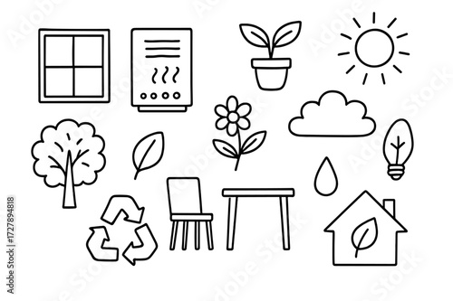 Eco-Friendly Doodle Icons. Hand-drawn doodle illustration Healthy indoor environments [window, air purifier, potted plant, tree, flower, leaf, sun, cloud, eco