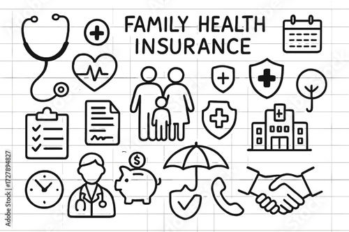 Family Health Icon Set. Hand-drawn doodle illustration Family health insurance stethoscope, heart, cross symbol, family silhouette, document, shield, hospital