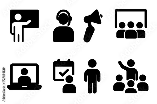 Meeting Role Icons. Solid, filled icon set of meeting participants: presenter, attendee, moderator, speaker, audience, remote participant, organizer,