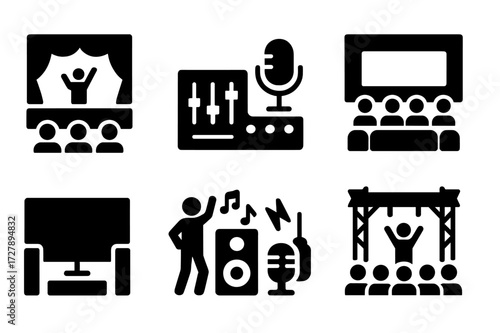 Sound Environments Icons. Solid, filled icon set of sound environments: concert hall, recording studio, open air, auditorium, home theater, club, radio