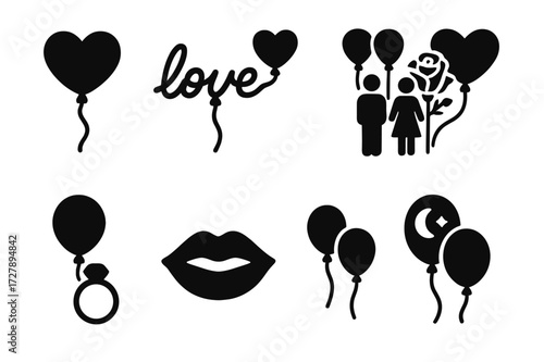 Romantic Balloon Icons. Solid, filled icon set of romantic balloon themes: heart balloon, love script balloon, couple with balloons, rose bouquet with balloon,