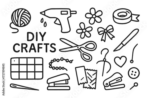 Craft Supplies Illustration. Hand-drawn doodle illustration DIY crafts session [yarn ball, glue gun, washi tape, cutting mat, craft knife, ribbon, paper