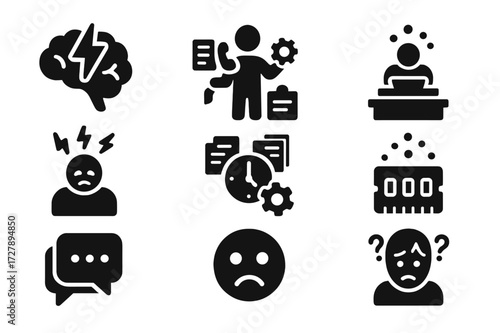 Cognitive Overload Icons. Solid, filled icon set of cognitive overload: brain with lightning, multitasking, overflowing inbox, stressed person, clock with many