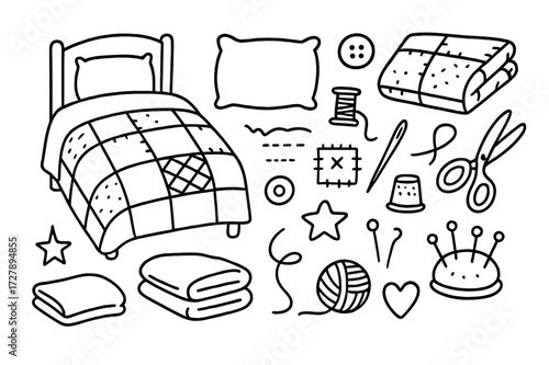 Cozy Quilt Crafting. Hand-drawn doodle illustration Cozy winter quilt bed, pillow, folded quilt, folded cloth, fabric patch, button, thread spool, needle,