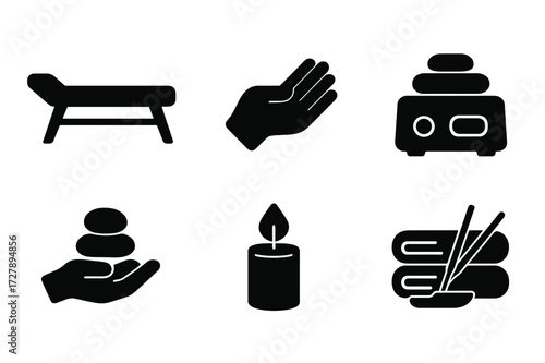 Hot Stone Massage Icons. Solid, filled icon set of hot stone massage settings: massage bed, therapist hand, stones with towel, stone heating device, stone on