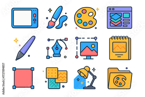 Isometric Art Tools Icons. Illustration. Colorful isometric vector icons set of Illustration: digital canvas, brush tool, color palette, layers panel, stylus
